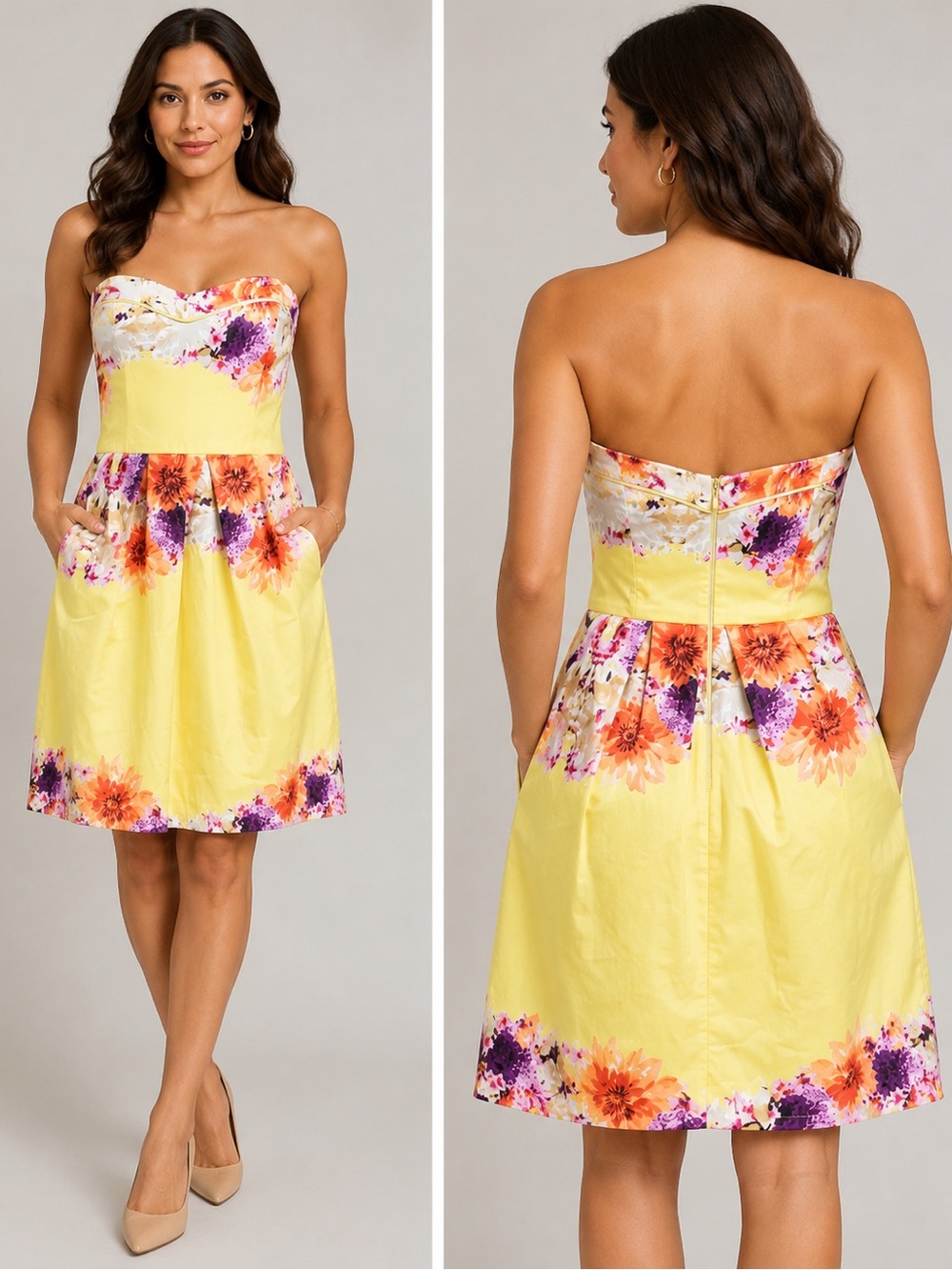 le chateau Yellow Strapless Floral Fit & Flare Dress